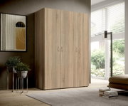 Drehtürenschrank 3-türig in Holzoptik, seitliche Perspektive, in modernem Wohnzimmer mit großen Fenstern und Pflanzen.