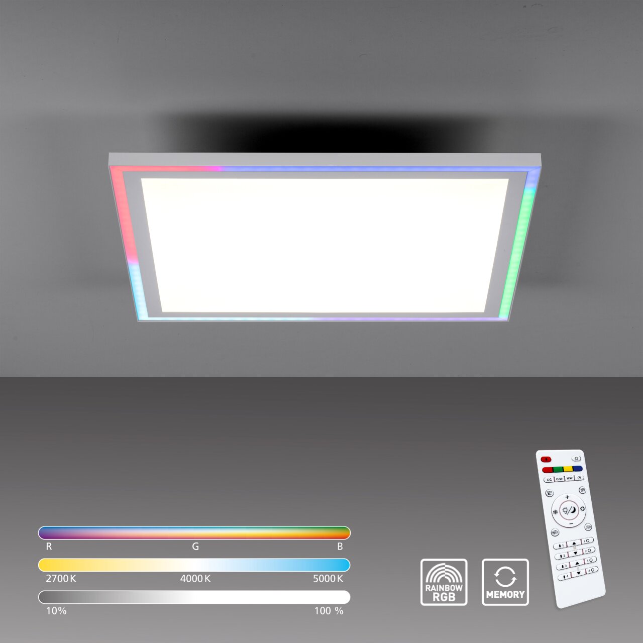 Rechteckige Deckenleuchte mit RGB-Farbwechsel und Fernbedienung, Ansicht von unten.
