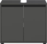 Frontansicht eines modernen, dunkelgrauen Waschbeckenunterschranks mit zwei Türen, geeignet für das Badezimmer.