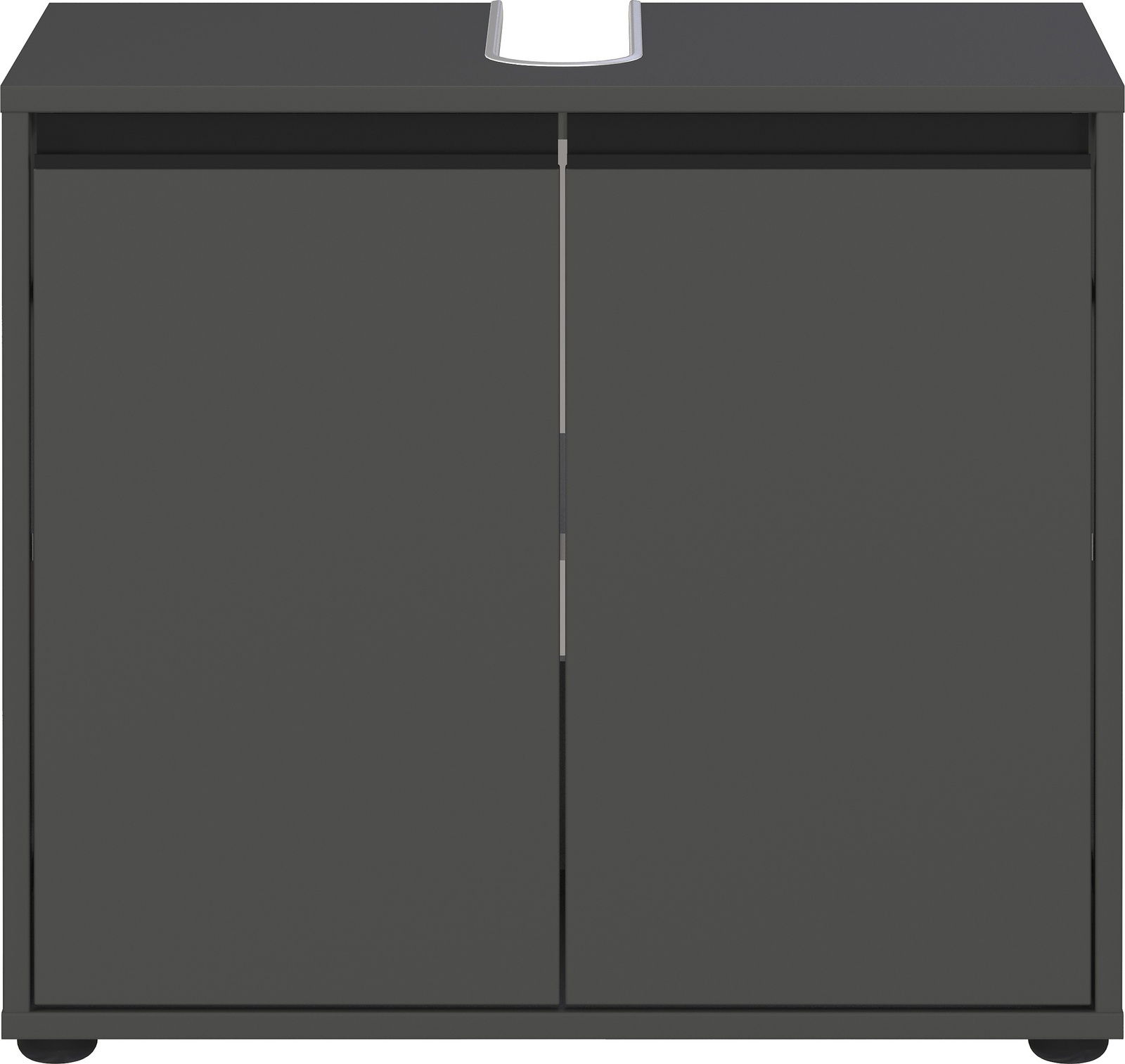 Frontansicht eines modernen, dunkelgrauen Waschbeckenunterschranks mit zwei Türen, geeignet für das Badezimmer.