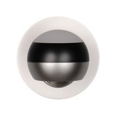 Moderne Wandleuchte ORBIT in Kugelform, frontal abgebildet, mit schwarzem und silbernem Finish.