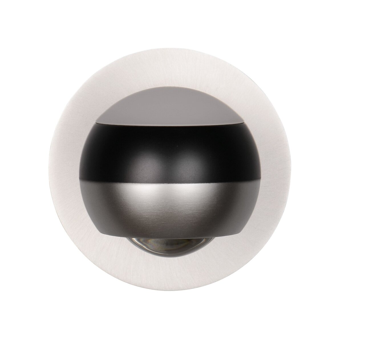 Moderne Wandleuchte ORBIT in Kugelform, frontal abgebildet, mit schwarzem und silbernem Finish.