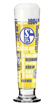 Schalke 04 Bierglas mit blau-weißem Vereinslogo und Schriftzug-Design, gefüllt mit goldenem Bier und Schaumkrone, frontal freigestellt