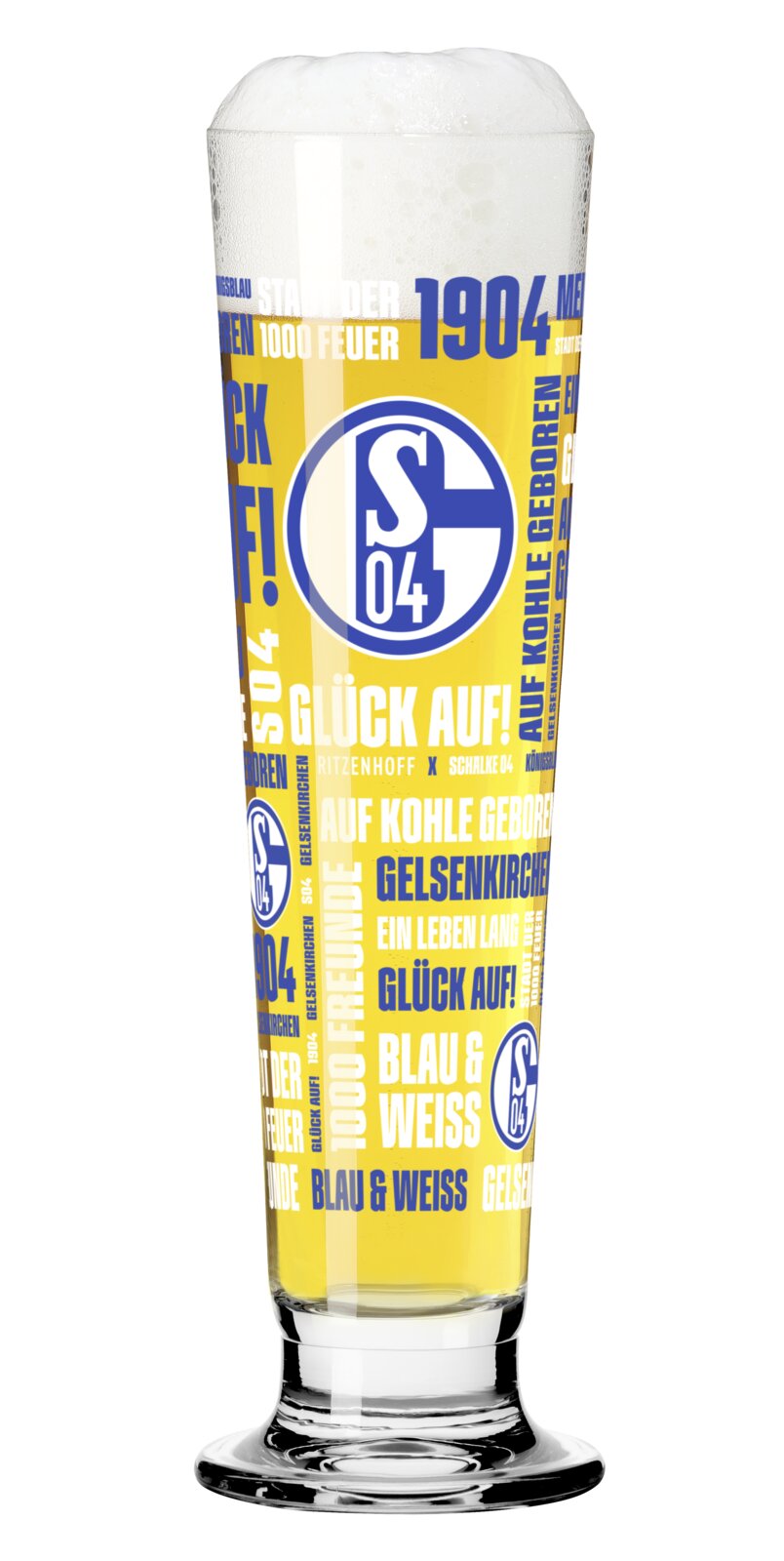 Schalke 04 Bierglas mit blau-weißem Vereinslogo und Schriftzug-Design, gefüllt mit goldenem Bier und Schaumkrone, frontal freigestellt