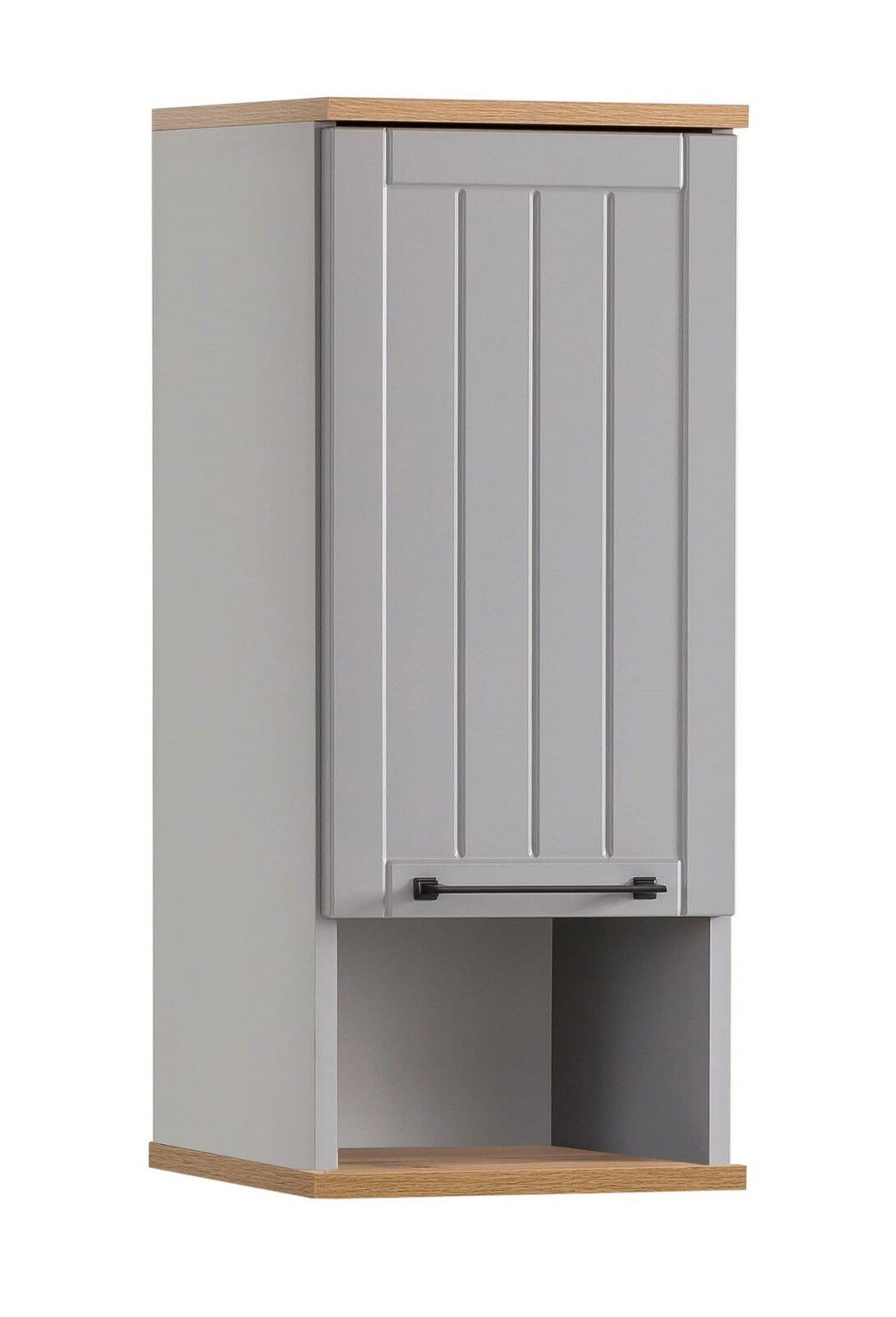 Moderner Wandschrank in grauer Farbe mit Holzdetails, Frontalansicht
