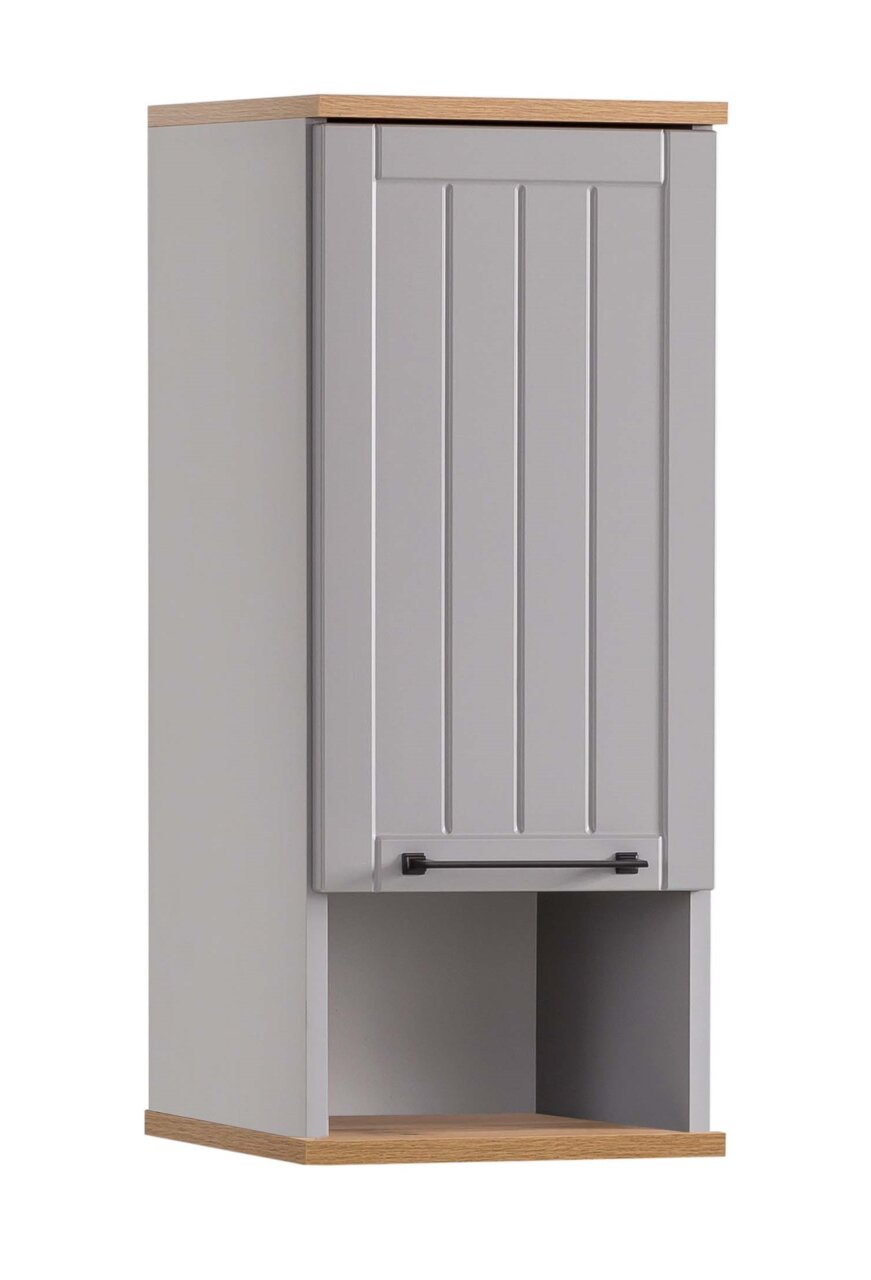 Moderner Wandschrank in grauer Farbe mit Holzdetails, Frontalansicht