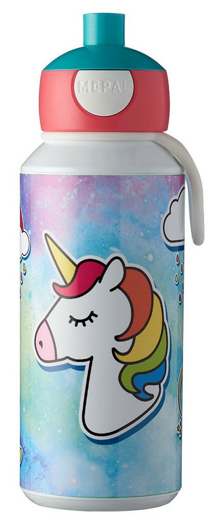 Trinkflasche mit Einhornmotiv, bunte Regenbogenmähne, Vorderansicht