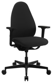 Schwarzer Bürostuhl mit Armlehnen und Rollen, seitliche Perspektive