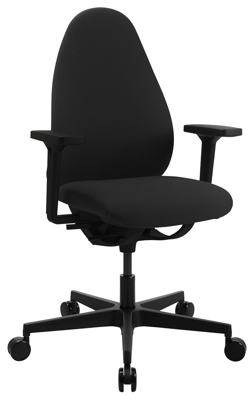 Schwarzer Bürostuhl mit Armlehnen und Rollen, seitliche Perspektive