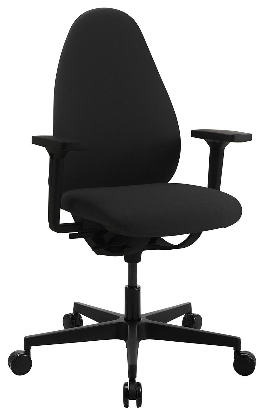 Schwarzer Bürostuhl mit Armlehnen und Rollen, seitliche Perspektive