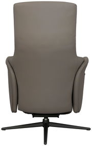 Rückansicht eines modernen Relaxsessels in grauem Leder mit schwarzem Drehfuß.