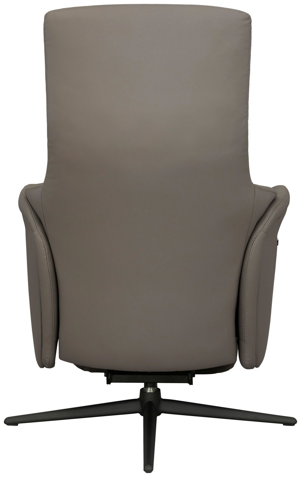 Rückansicht eines modernen Relaxsessels in grauem Leder mit schwarzem Drehfuß.