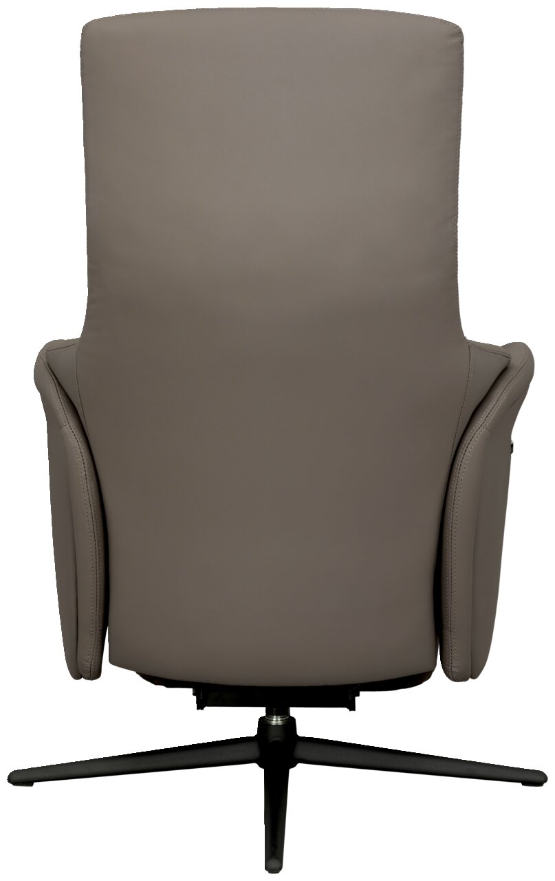 Rückansicht eines modernen Relaxsessels in grauem Leder mit schwarzem Drehfuß.