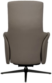 Achterkant van een moderne relaxfauteuil van grijs leer met een zwart draaivoet.