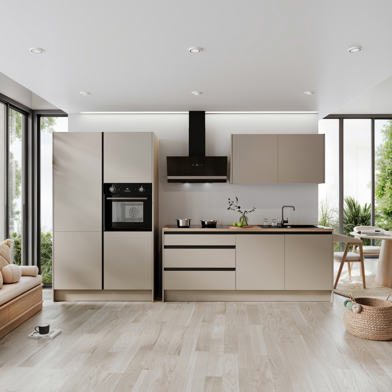 Moderne Küchenzeile in neutralen Tönen mit eingebautem Ofen und Dunstabzugshaube, fotografiert aus der Frontperspektive.