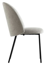 Moderner Stuhl mit grauem Stoffbezug und schwarzen Metallbeinen, Seitenansicht.