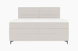 Frontale Ansicht eines modernen Boxspringbetts in hellem Stoffbezug mit schlichtem Design und schwarzen Füßen.