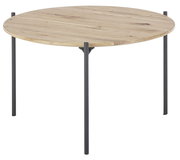Runder Beistelltisch mit Holzplatte und schwarzen Metallbeinen, seitliche Perspektive