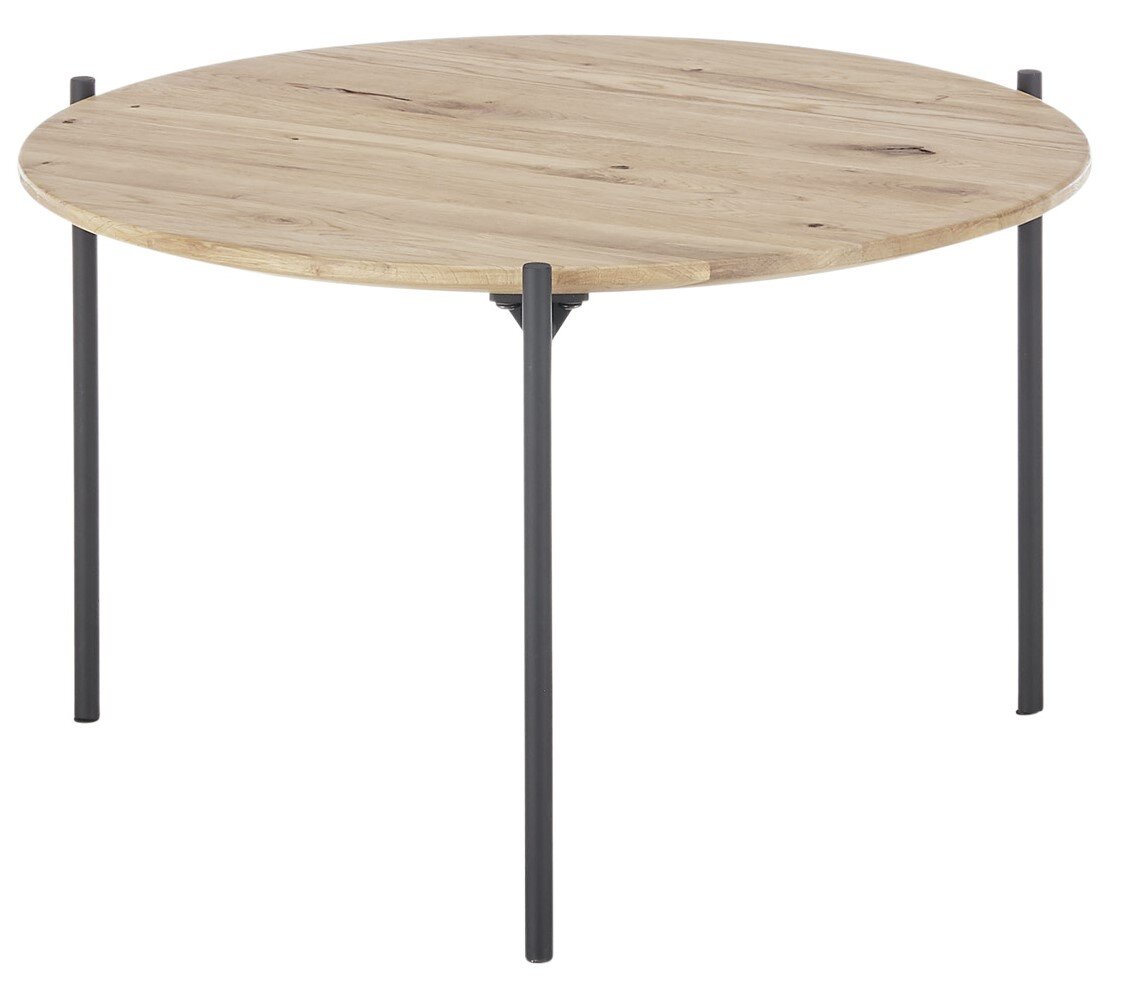 Runder Beistelltisch mit Holzplatte und schwarzen Metallbeinen, seitliche Perspektive