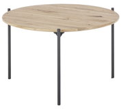 Ronde bijzettafel met houten blad en zwarte metalen poten, zijaanzicht