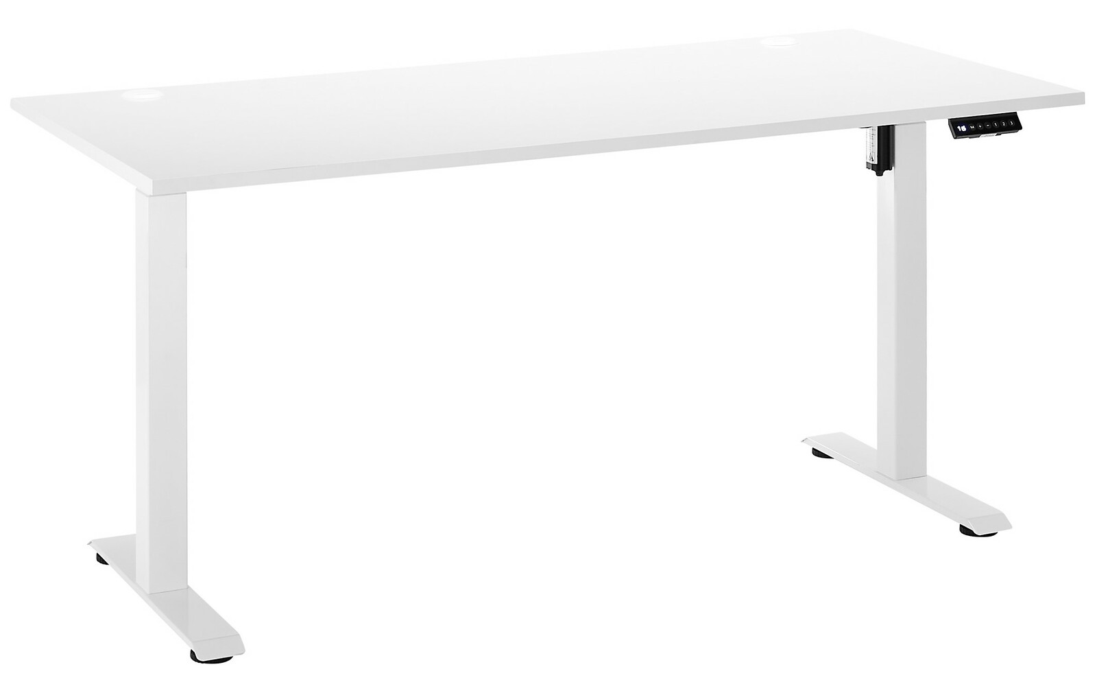 Weißer E-Schreibtisch mit höhenverstellbaren Beinen, seitliche Perspektive