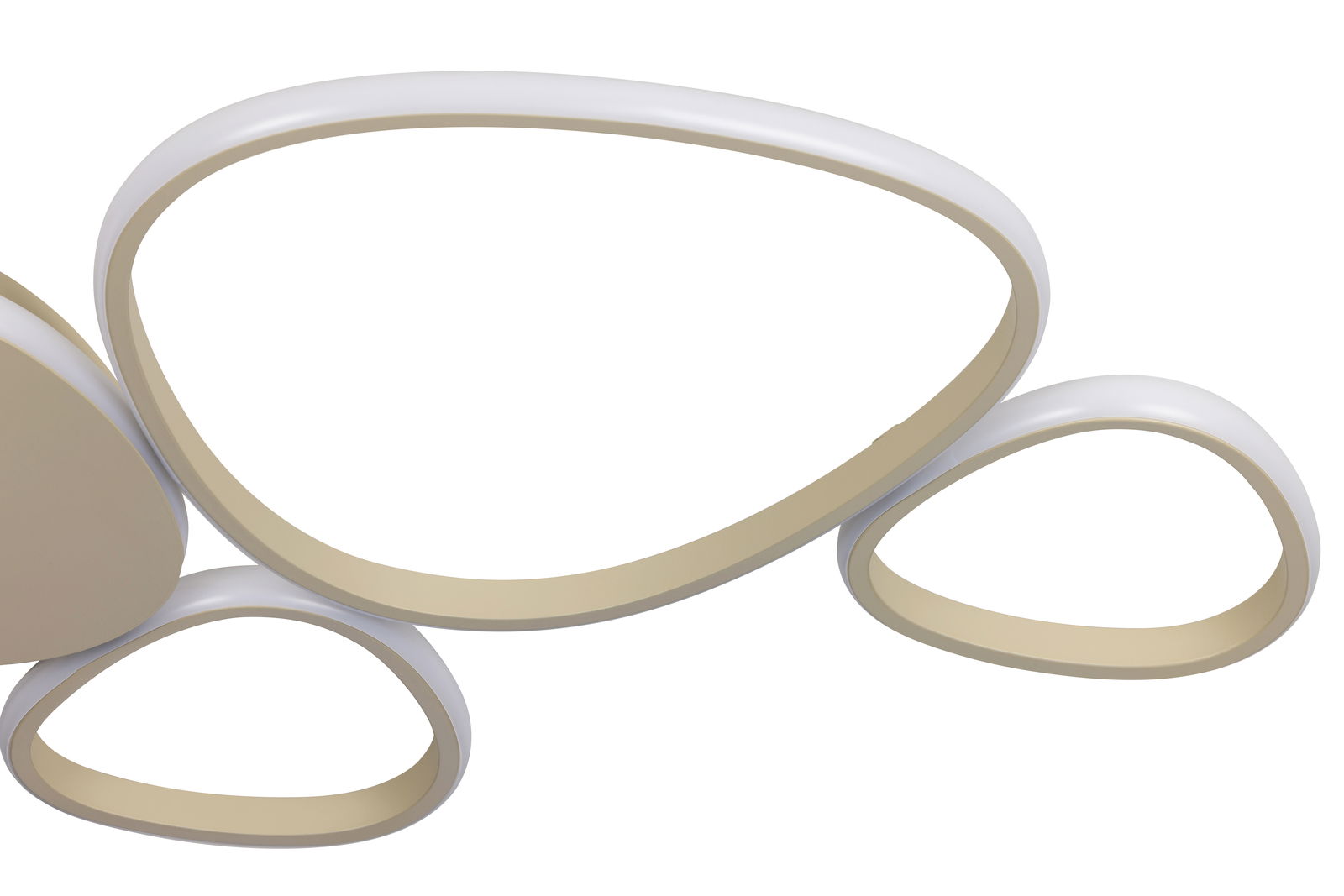 Moderne LED-Deckenleuchte mit geschwungenen, ineinander greifenden Ringen in einer seitlichen Perspektive