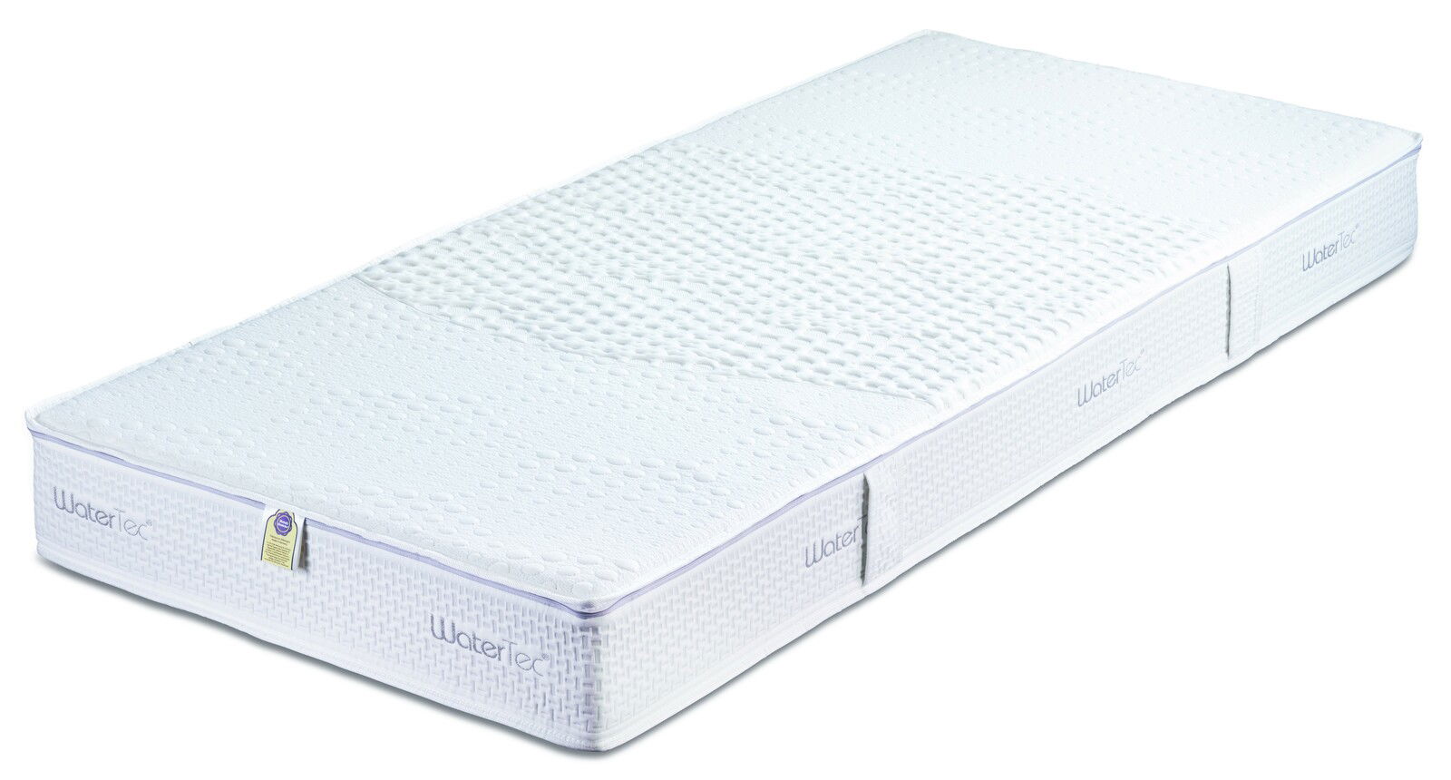 Max Berger Taschenfederkernmatratze WATERFLEX 600 Seitliche Ansicht einer weißen Taschenfederkernmatratze mit strukturierter Oberfläche und dem Schriftzug 'WaterTec'.