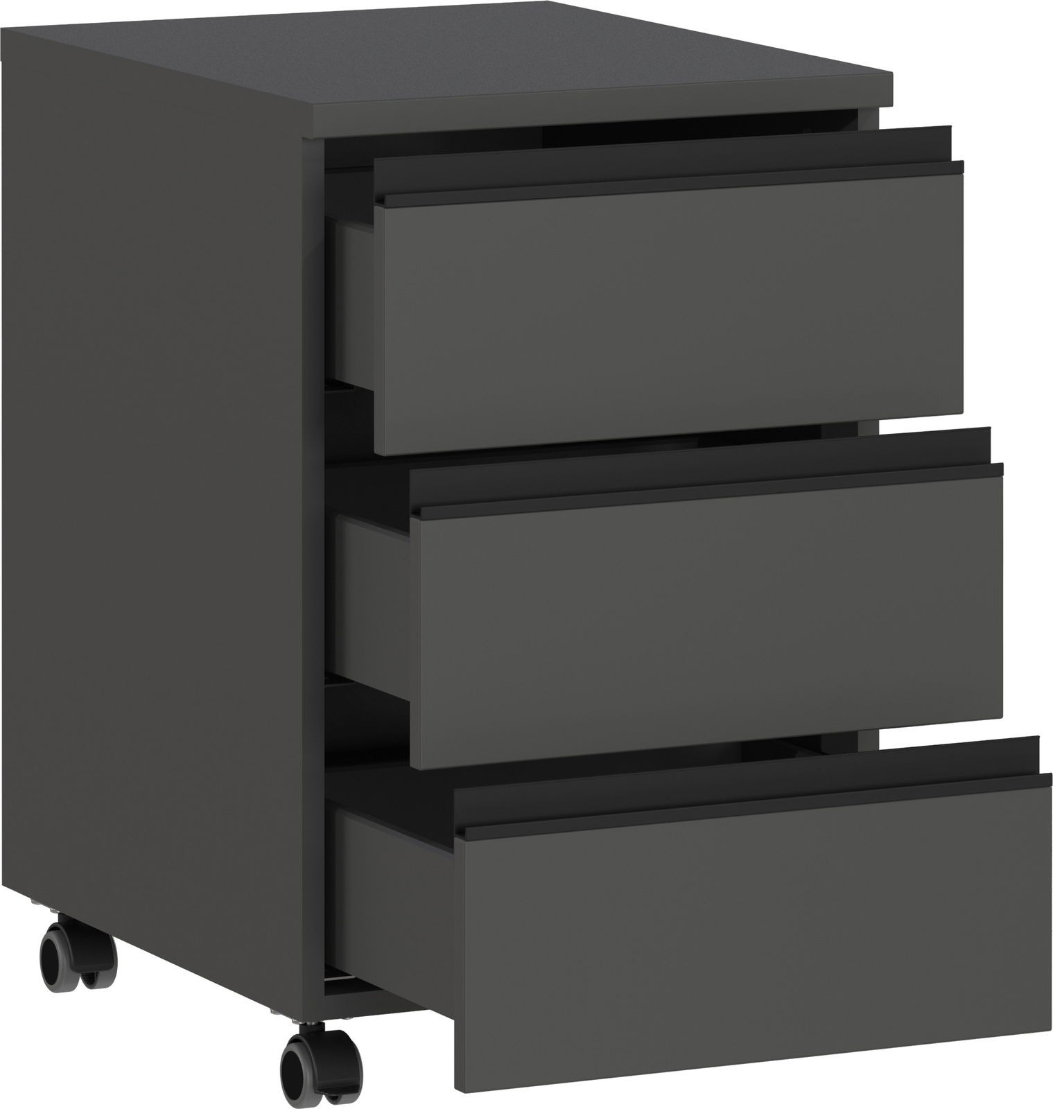 Rollcontainer mit drei offenen Schubladen, auf Rollen, seitliche Perspektive