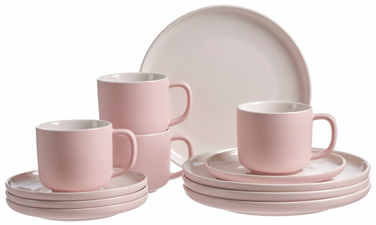 Koffieservies Jasper, 12-delig, in roze, bestaande uit kopjes en schotels, gefotografeerd vanuit een zijaanzicht.