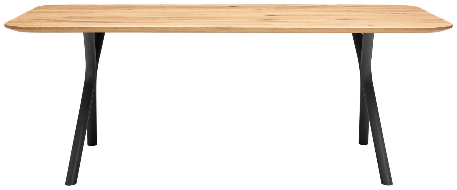 Moderner Esstisch mit Holzplatte und schwarzen Metallbeinen, Frontalansicht