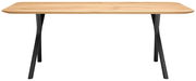Moderner Esstisch mit Holzplatte und schwarzen Metallbeinen, Frontalansicht