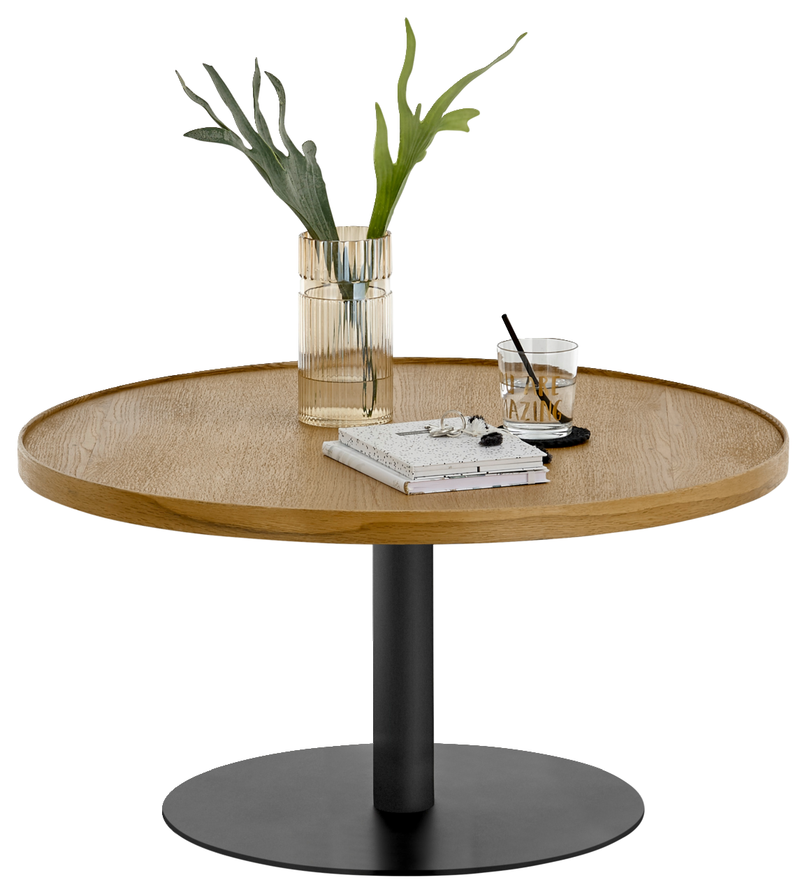 Runder Couchtisch mit Holzplatte und schwarzem Metallfuß, dekoriert mit einer Vase und einem Glas, seitliche Perspektive