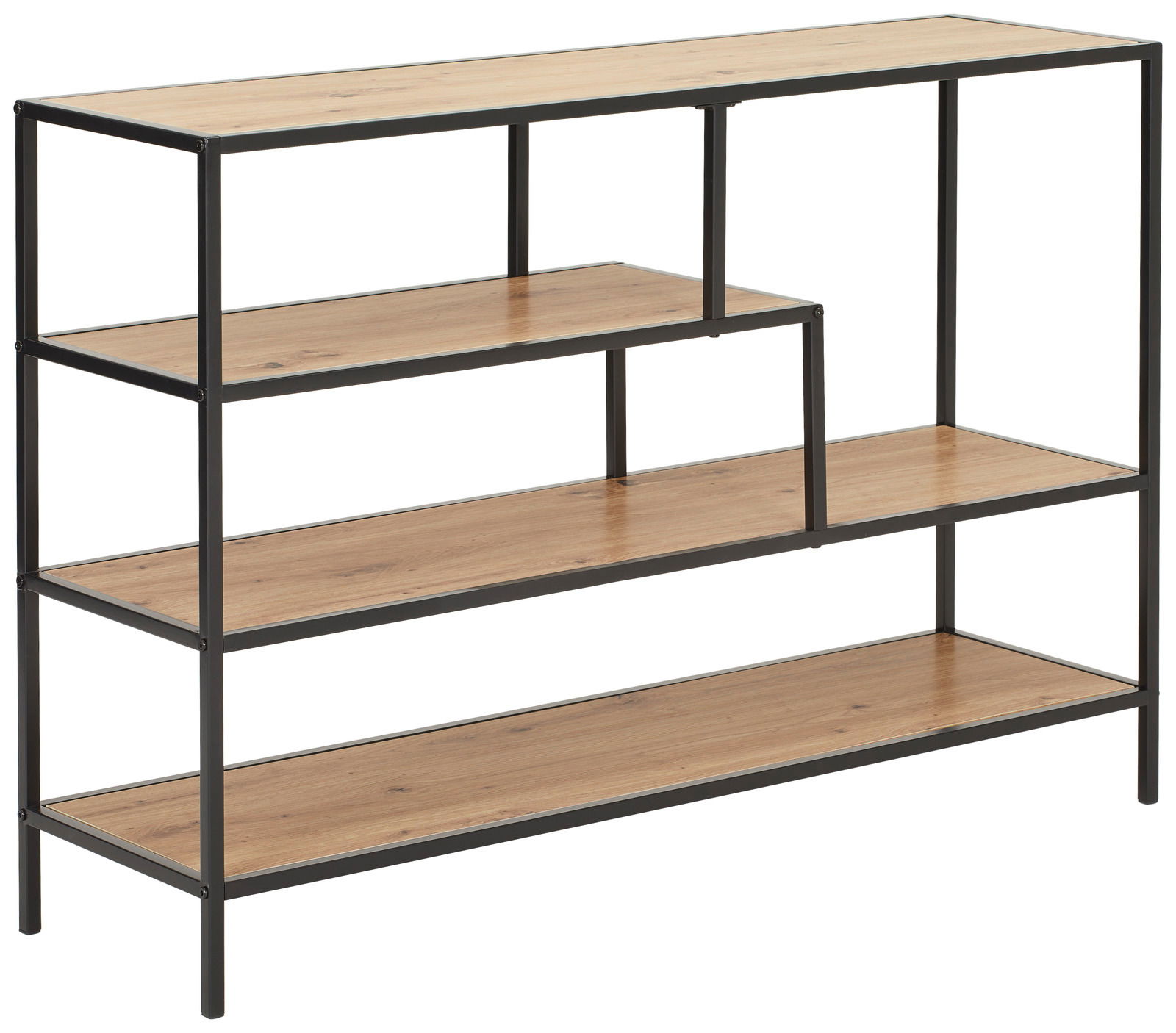 Modernes Regal mit vier Ebenen aus Holz und Metallrahmen, seitliche Perspektive