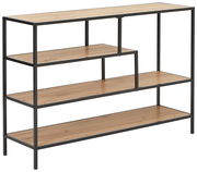 Modernes Regal mit vier Ebenen aus Holz und Metallrahmen, seitliche Perspektive