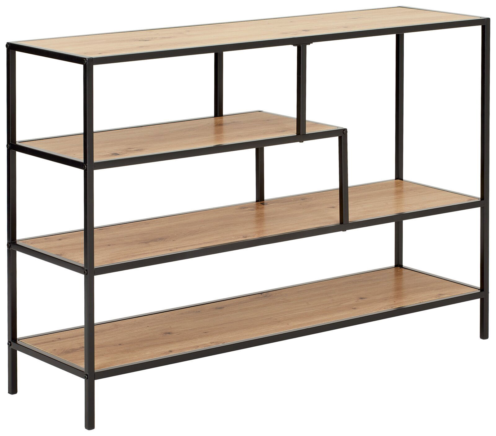 XORA Regal (quer) ROCKY Modernes Regal mit vier Ebenen aus Holz und Metallrahmen, seitliche Perspektive