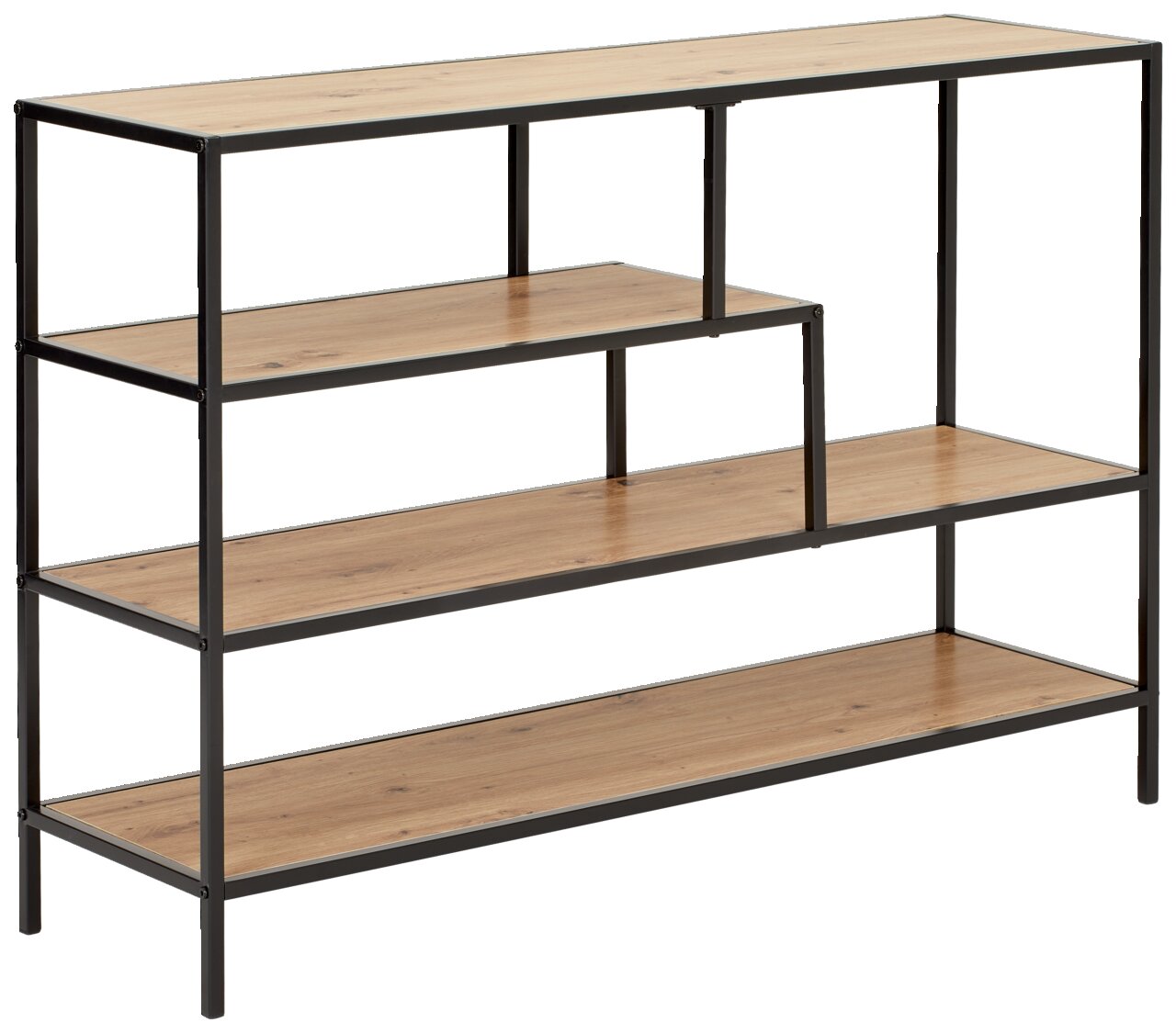 Modernes Regal mit vier Ebenen aus Holz und Metallrahmen, seitliche Perspektive