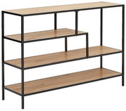 Moderne plank met vier niveaus van hout en een metalen frame, zijaanzicht