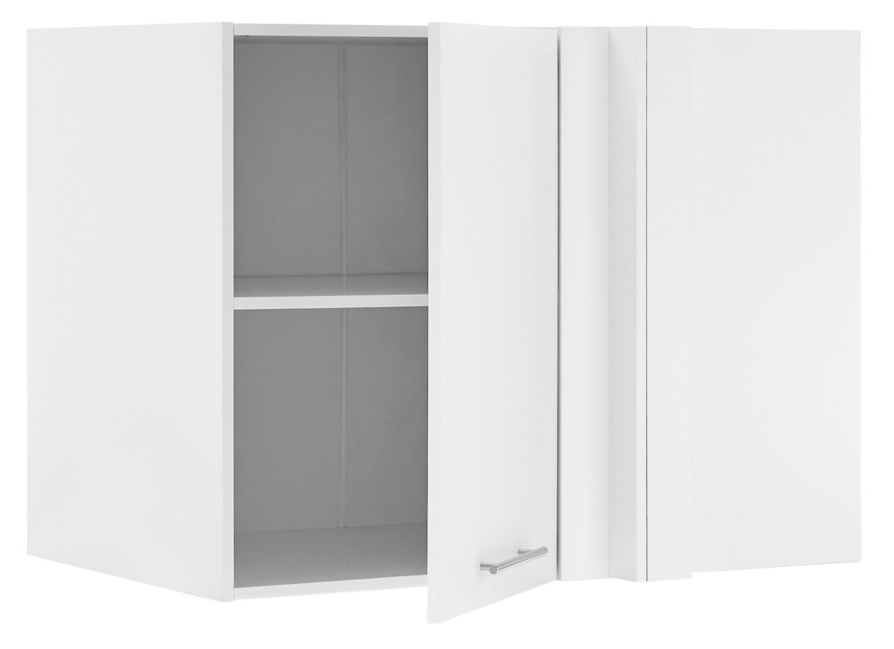 Witte hoekkast met geopende deur, binnenkant met een plank, perspectief van linksvoor