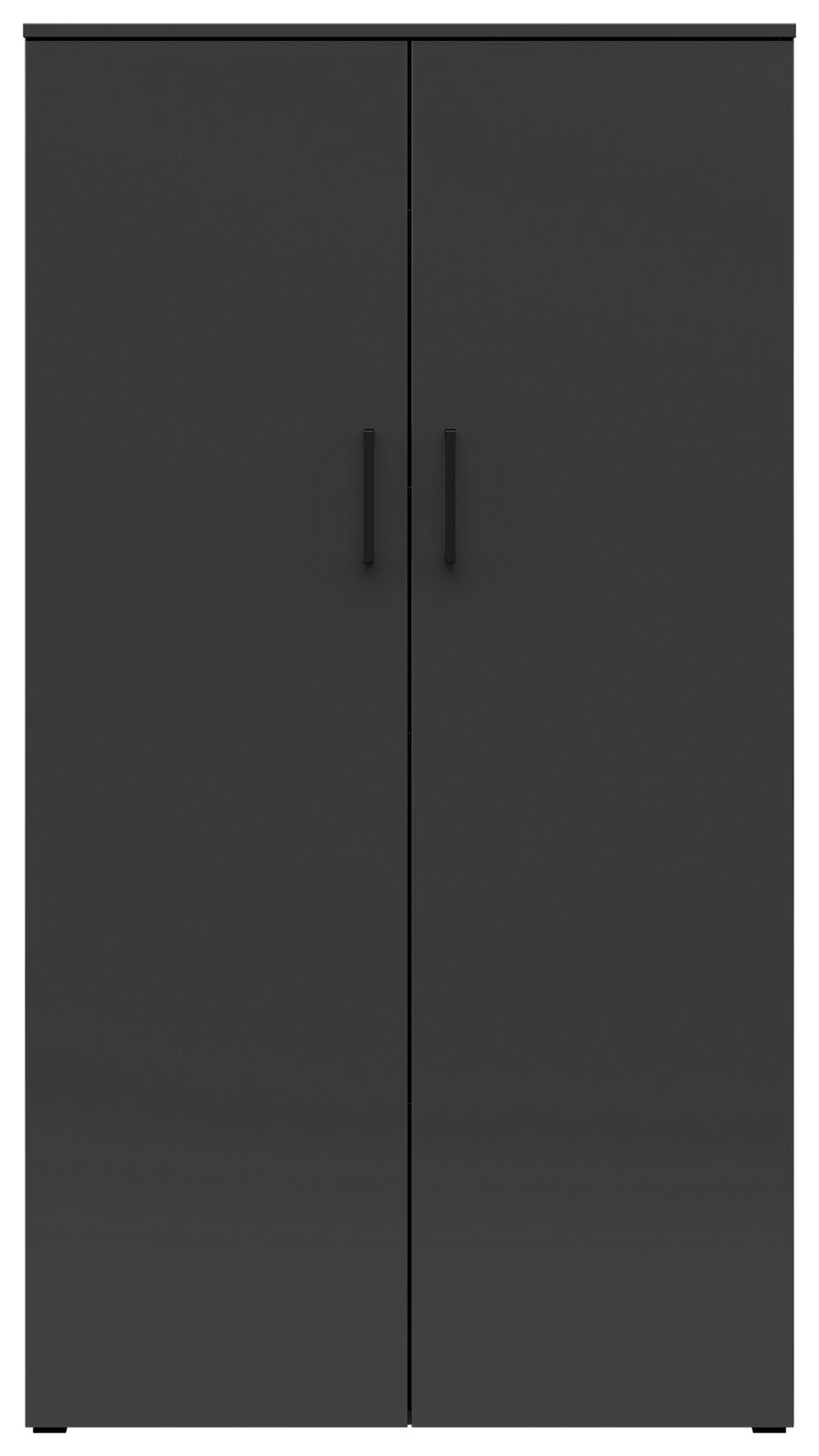 Frontansicht eines schwarzen Mehrzweckschranks mit zwei Türen und minimalistischen Griffen.