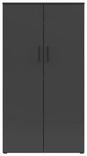 Frontansicht eines schwarzen Mehrzweckschranks mit zwei Türen und minimalistischen Griffen.