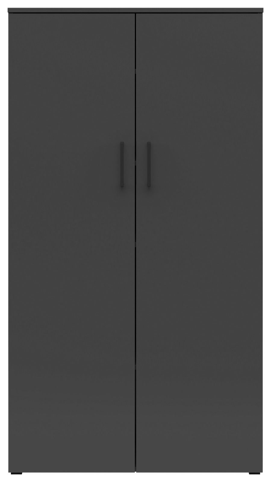 Frontansicht eines schwarzen Mehrzweckschranks mit zwei Türen und minimalistischen Griffen.