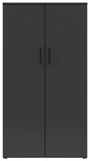 Frontansicht eines schwarzen Mehrzweckschranks mit zwei Türen und minimalistischen Griffen.