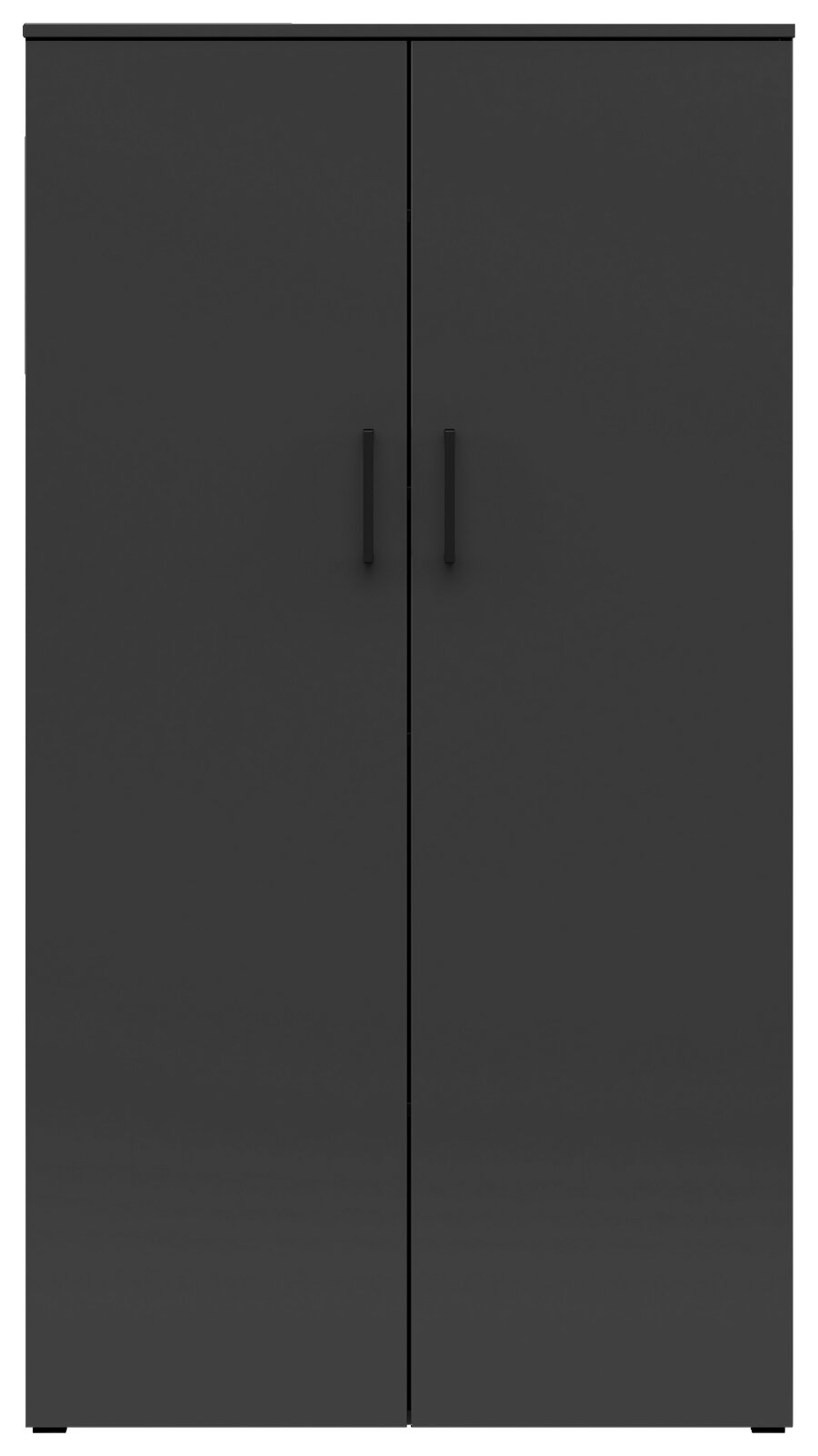 Frontansicht eines schwarzen Mehrzweckschranks mit zwei Türen und minimalistischen Griffen.