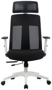 Moderner schwarzer Drehstuhl mit Netzrückenlehne und Kopfstütze, Frontalansicht