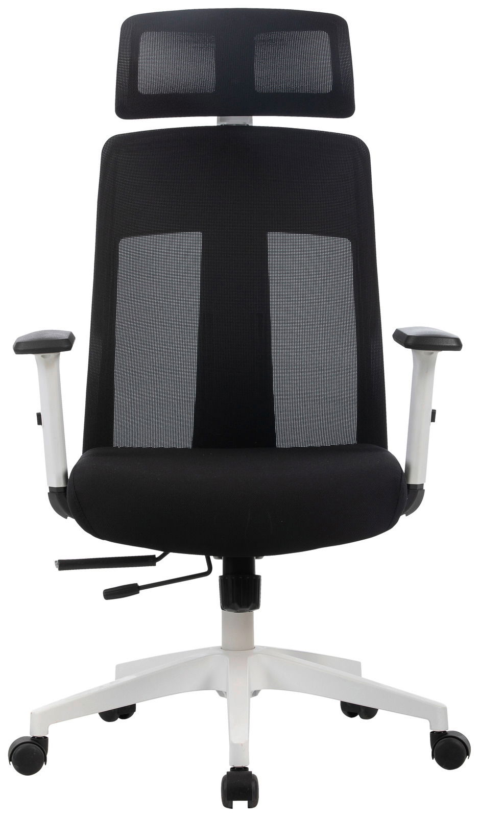 Moderner schwarzer Drehstuhl mit Netzrückenlehne und Kopfstütze, Frontalansicht