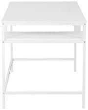 Moderner weißer Schreibtisch aus Metall mit minimalistischem Design, frontal betrachtet.