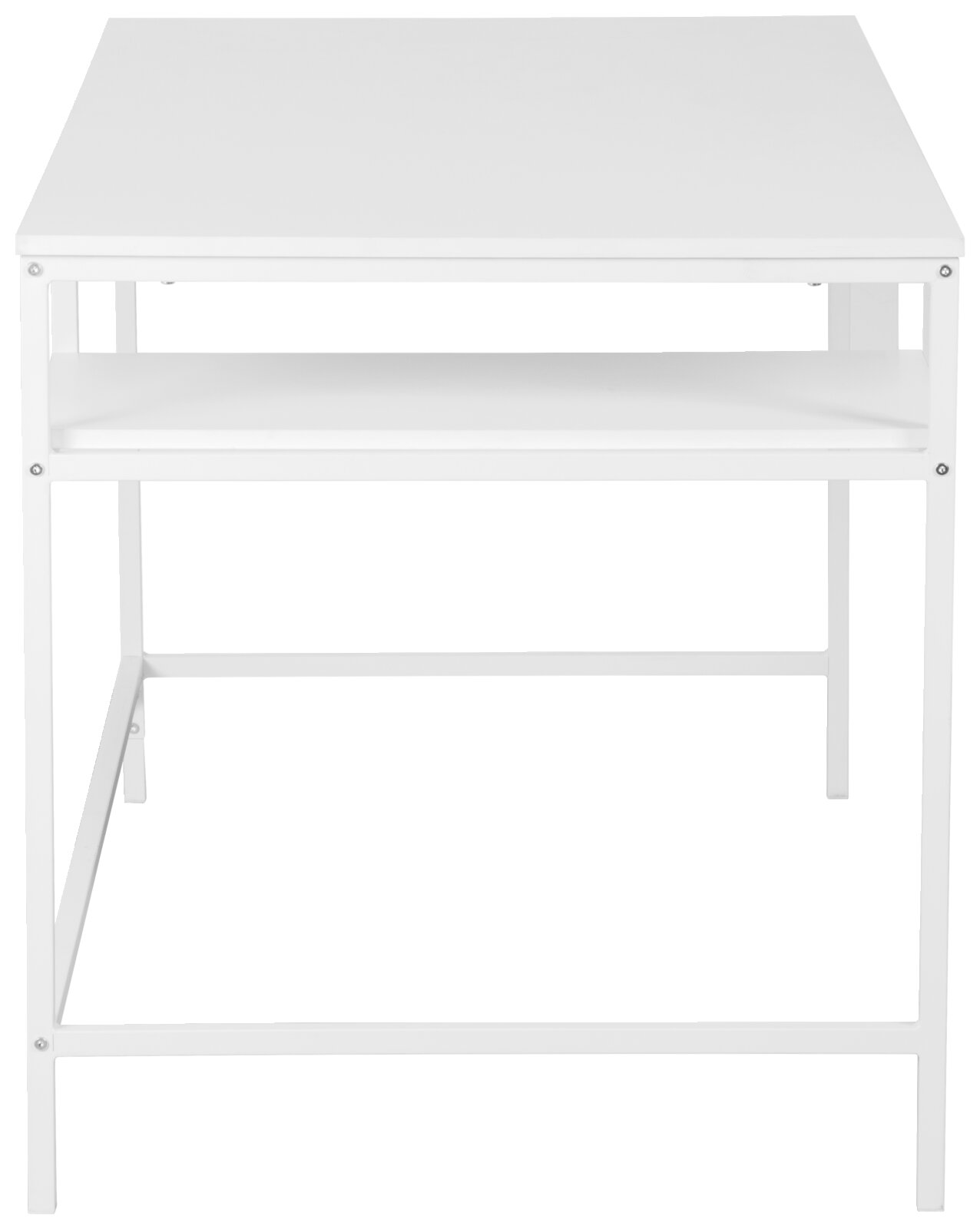 Moderner weißer Schreibtisch aus Metall mit minimalistischem Design, frontal betrachtet.