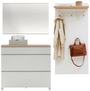 Garderoben-Set 3-tlg. bestehend aus einem großen Spiegel, einer Kommode mit drei Schubladen und einer Wandgarderobe mit Haken und Ablage. Frontalansicht.