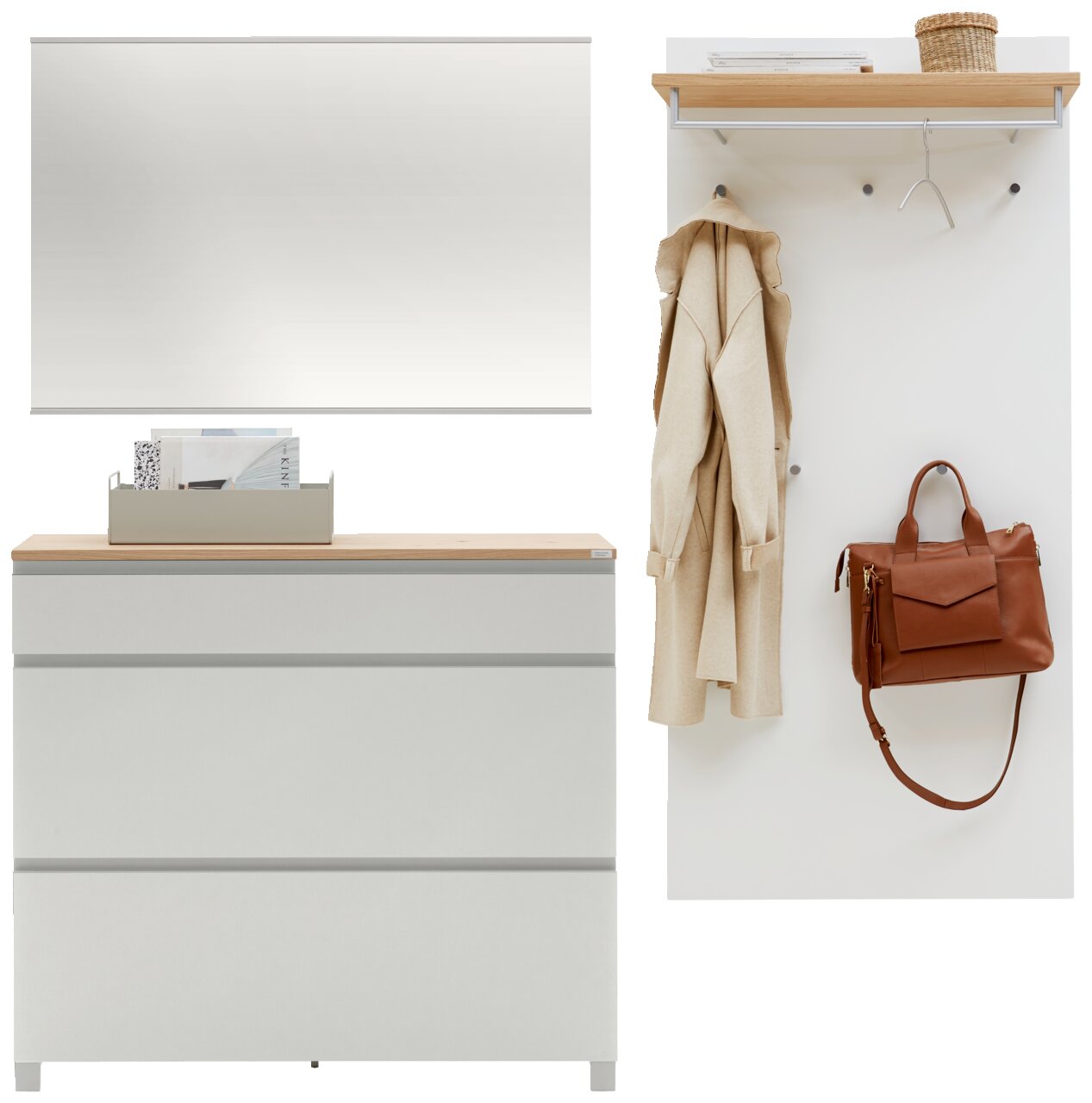 Garderoben-Set 3-tlg. bestehend aus einem großen Spiegel, einer Kommode mit drei Schubladen und einer Wandgarderobe mit Haken und Ablage. Frontalansicht.