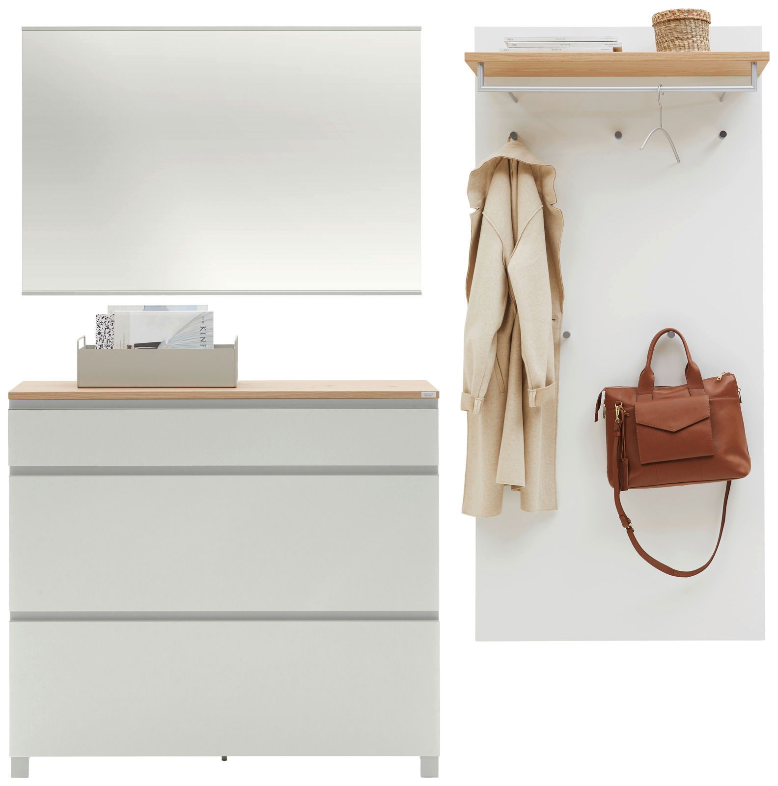 Garderoben-Set 3-tlg. bestehend aus einem großen Spiegel, einer Kommode mit drei Schubladen und einer Wandgarderobe mit Haken und Ablage. Frontalansicht.